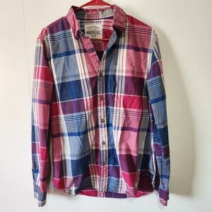 Aeropostale Mens Medium Pink Red Plaid Flannel Button Down Shirt Cotton 100%